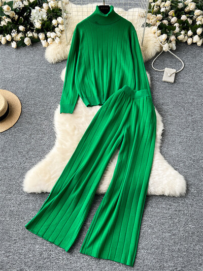 SINGREINY, toamnă iarnă, costume calde pentru dama, pulover cu dungi cu gât rotit + talie înaltă, ocazional, pantaloni largi, seturi de tricotat