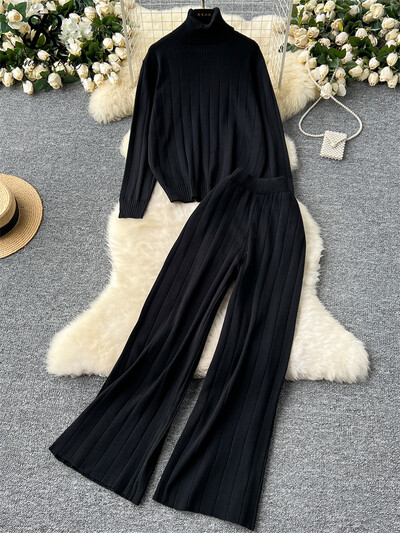 SINGREINY, toamnă iarnă, costume calde pentru dama, pulover cu dungi cu gât rotit + talie înaltă, ocazional, pantaloni largi, seturi de tricotat