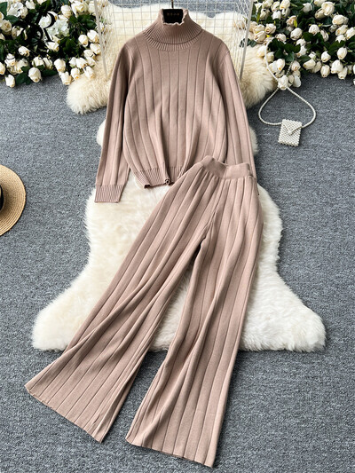 SINGREINY, toamnă iarnă, costume calde pentru dama, pulover cu dungi cu gât rotit + talie înaltă, ocazional, pantaloni largi, seturi de tricotat