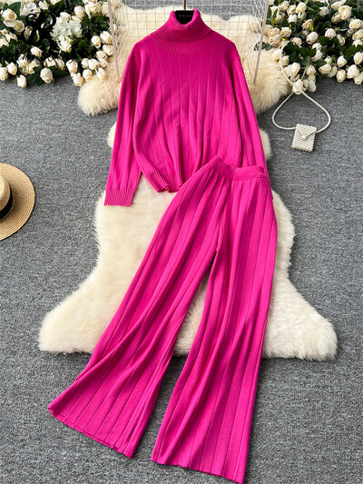 SINGREINY, toamnă iarnă, costume calde pentru dama, pulover cu dungi cu gât rotit + talie înaltă, ocazional, pantaloni largi, seturi de tricotat