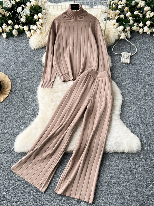 SINGREINY, toamnă iarnă, costume calde pentru dama, pulover cu dungi cu gât rotit + talie înaltă, ocazional, pantaloni largi, seturi de tricotat