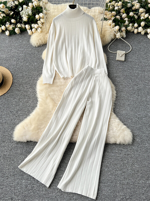 SINGREINY, toamnă iarnă, costume calde pentru dama, pulover cu dungi cu gât rotit + talie înaltă, ocazional, pantaloni largi, seturi de tricotat