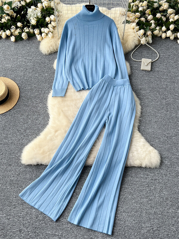 SINGREINY, toamnă iarnă, costume calde pentru dama, pulover cu dungi cu gât rotit + talie înaltă, ocazional, pantaloni largi, seturi de tricotat