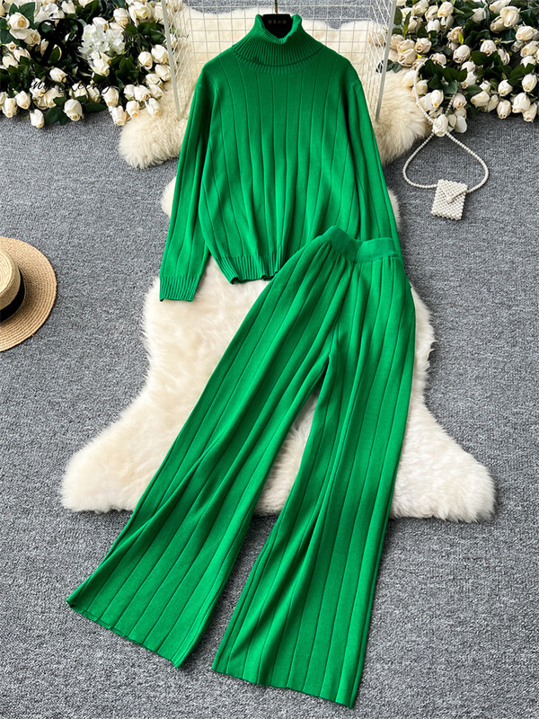 SINGREINY, toamnă iarnă, costume calde pentru dama, pulover cu dungi cu gât rotit + talie înaltă, ocazional, pantaloni largi, seturi de tricotat