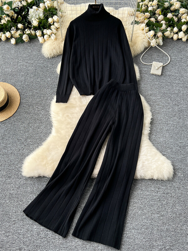 SINGREINY, toamnă iarnă, costume calde pentru dama, pulover cu dungi cu gât rotit + talie înaltă, ocazional, pantaloni largi, seturi de tricotat