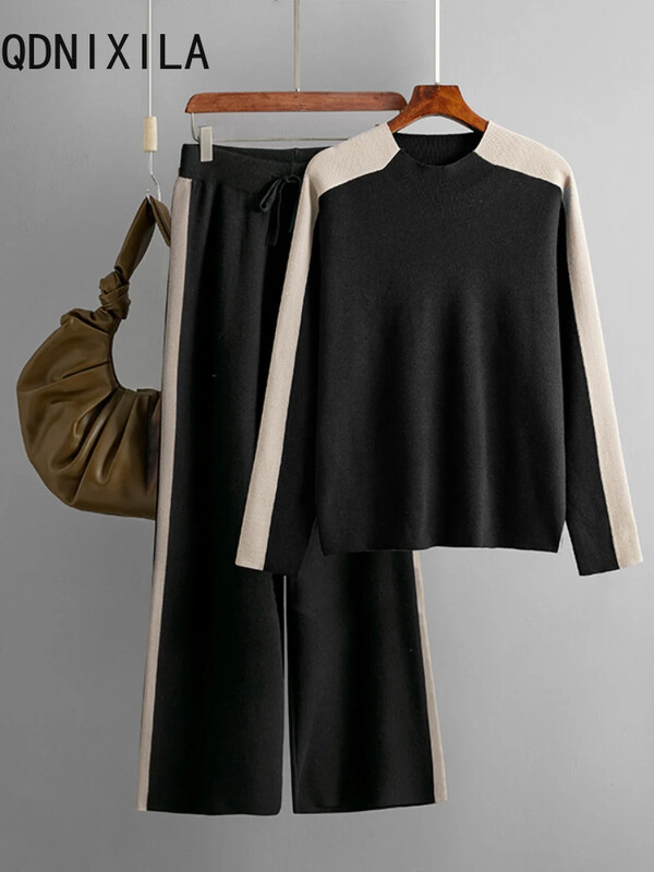 Seturi 2 piese Tinute dama Pulover tricotat elegant Toamna Iarna Moda Topuri cu decolteu O Costume Noi Pulover Casual Femei Seturi de pantaloni