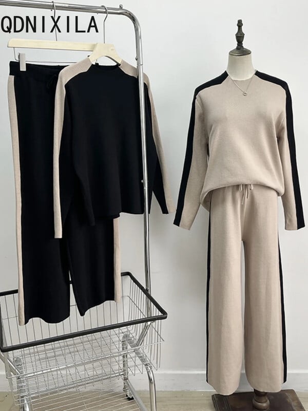 Seturi 2 piese Tinute dama Pulover tricotat elegant Toamna Iarna Moda Topuri cu decolteu O Costume Noi Pulover Casual Femei Seturi de pantaloni