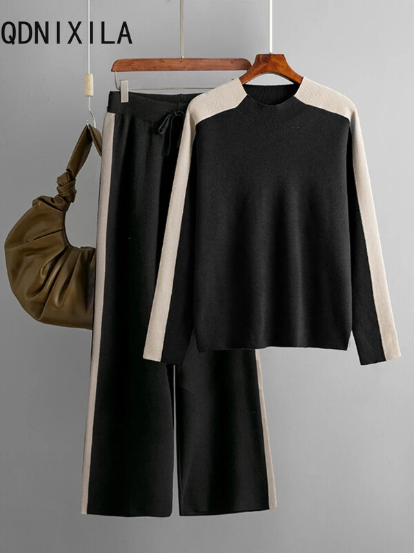 Seturi 2 piese Tinute dama Pulover tricotat elegant Toamna Iarna Moda Topuri cu decolteu O Costume Noi Pulover Casual Femei Seturi de pantaloni