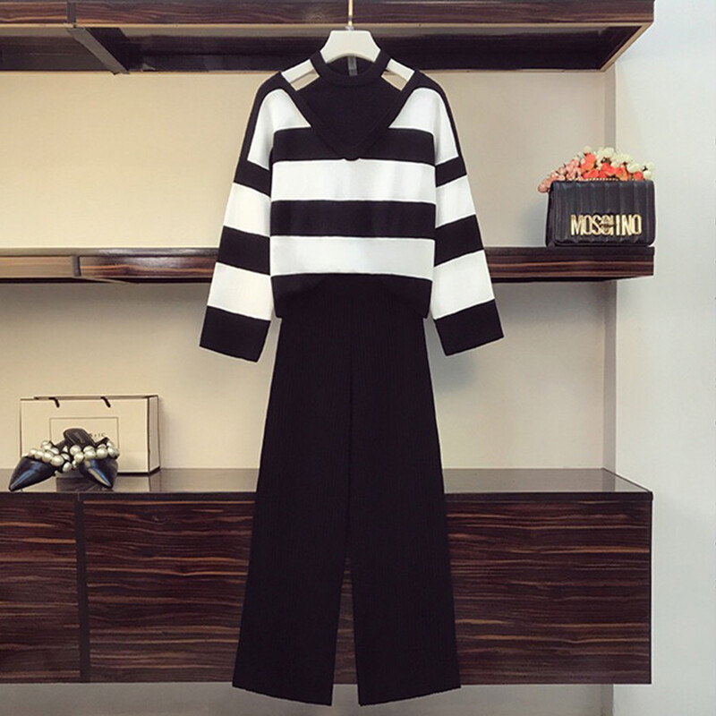 Prugasti, ležerni pleteni ženski setovi od 2 komada, korejski topli džemper s V-izrezom, komplet s visokim strukom, široke nogavice, hlače do gležnja