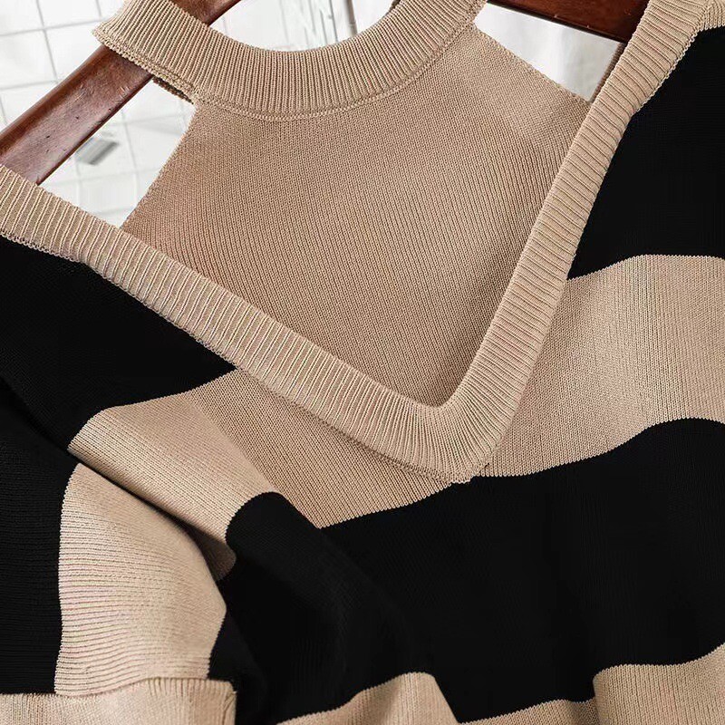 Prugasti, ležerni pleteni ženski setovi od 2 komada, korejski topli džemper s V-izrezom, komplet s visokim strukom, široke nogavice, hlače do gležnja