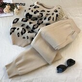 Pantaloni tricotați leopard Set 2 piese Femei Moda coreeană Pulover cu decolteu Oconjunt Casual de primăvară Toamnă Jogger Pantaloni Ținute