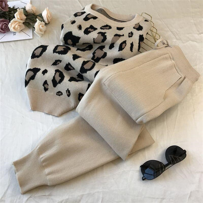 Pantaloni tricotați leopard Set 2 piese Femei Moda coreeană Pulover cu decolteu Oconjunt Casual de primăvară Toamnă Jogger Pantaloni Ținute