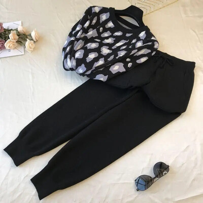 Pantaloni tricotați leopard Set 2 piese Femei Moda coreeană Pulover cu decolteu Oconjunt Casual de primăvară Toamnă Jogger Pantaloni Ținute