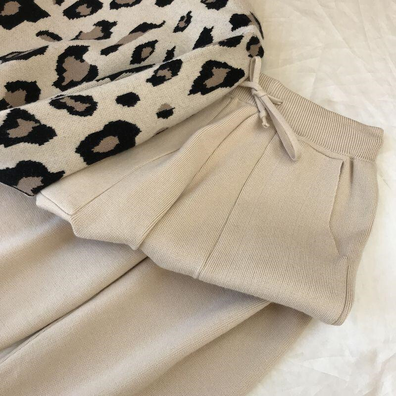 Pantaloni tricotați leopard Set 2 piese Femei Moda coreeană Pulover cu decolteu Oconjunt Casual de primăvară Toamnă Jogger Pantaloni Ținute