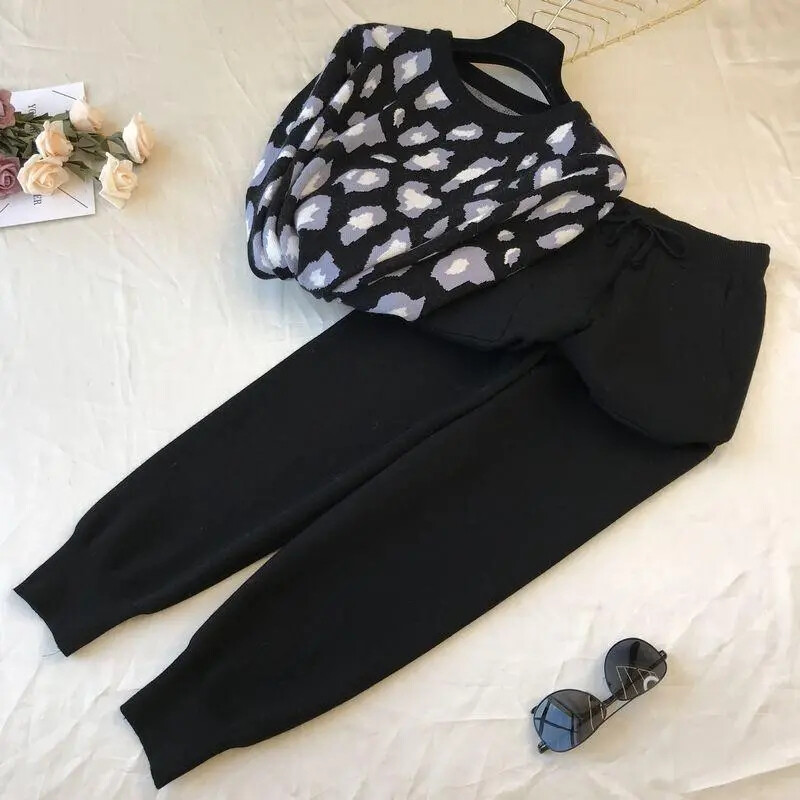 Pantaloni tricotați leopard Set 2 piese Femei Moda coreeană Pulover cu decolteu Oconjunt Casual de primăvară Toamnă Jogger Pantaloni Ținute