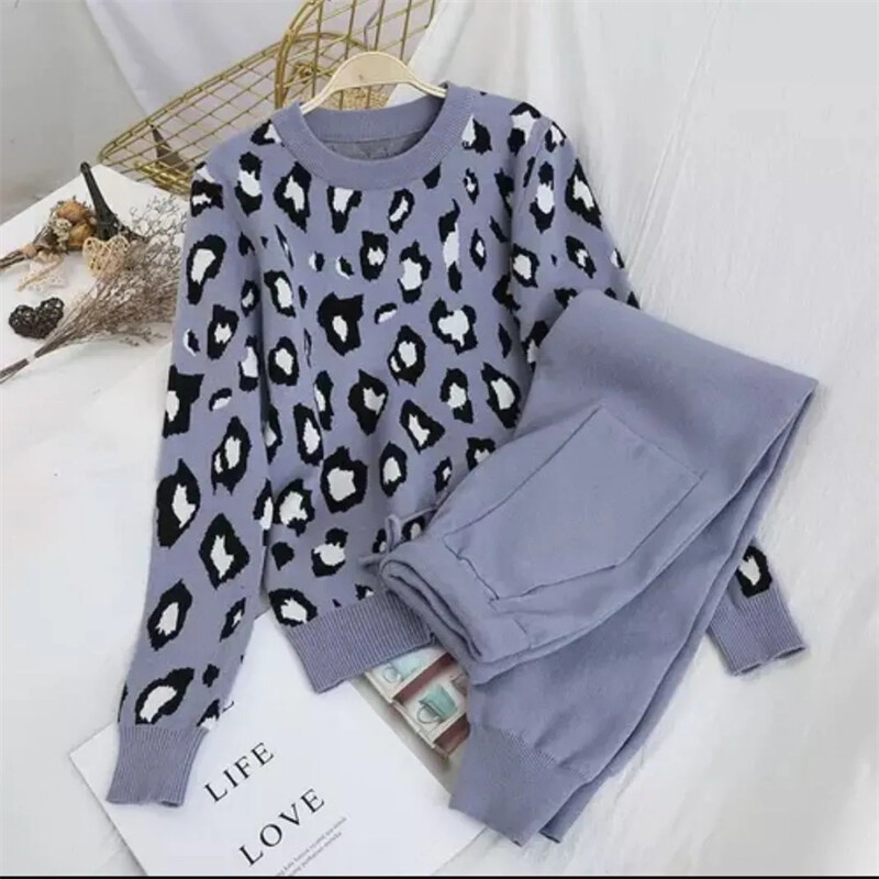 Pantaloni tricotați leopard Set 2 piese Femei Moda coreeană Pulover cu decolteu Oconjunt Casual de primăvară Toamnă Jogger Pantaloni Ținute