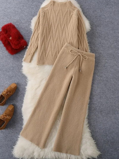 Tricotaj calduros, moale, solid, Pulover, 2 piese, coreeană, gros, albastru, pulover, ansamblu de top, ocazional, cu picioare largi, pantaloni, ținută malhas