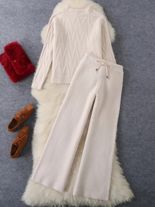 Tricotaj calduros, moale, solid, Pulover, 2 piese, coreeană, gros, albastru, pulover, ansamblu de top, ocazional, cu picioare largi, pantaloni, ținută malhas