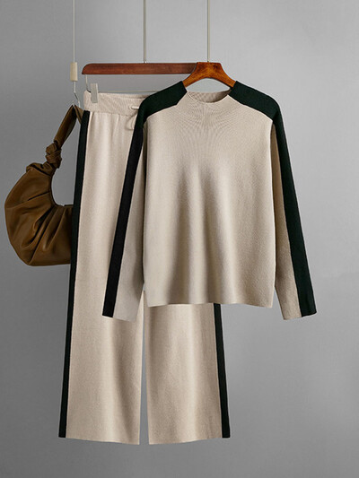 Patchwork Tricotat Seturi 2 Piese Femei Decolteu O Tricoturi Maneca Lunga Pulover Pulover Topuri Ansamblu Pantaloni de trening cu talie inalta Tinuta