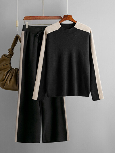 Patchwork Tricotat Seturi 2 Piese Femei Decolteu O Tricoturi Maneca Lunga Pulover Pulover Topuri Ansamblu Pantaloni de trening cu talie inalta Tinuta