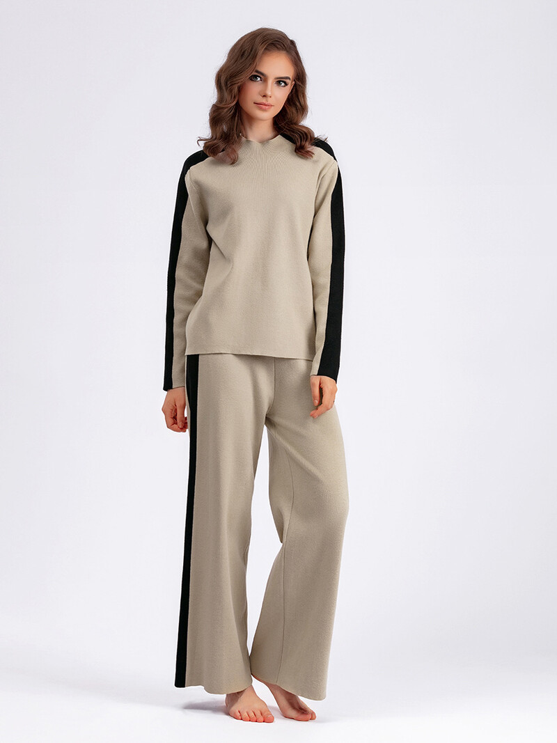 Patchwork Tricotat Seturi 2 Piese Femei Decolteu O Tricoturi Maneca Lunga Pulover Pulover Topuri Ansamblu Pantaloni de trening cu talie inalta Tinuta