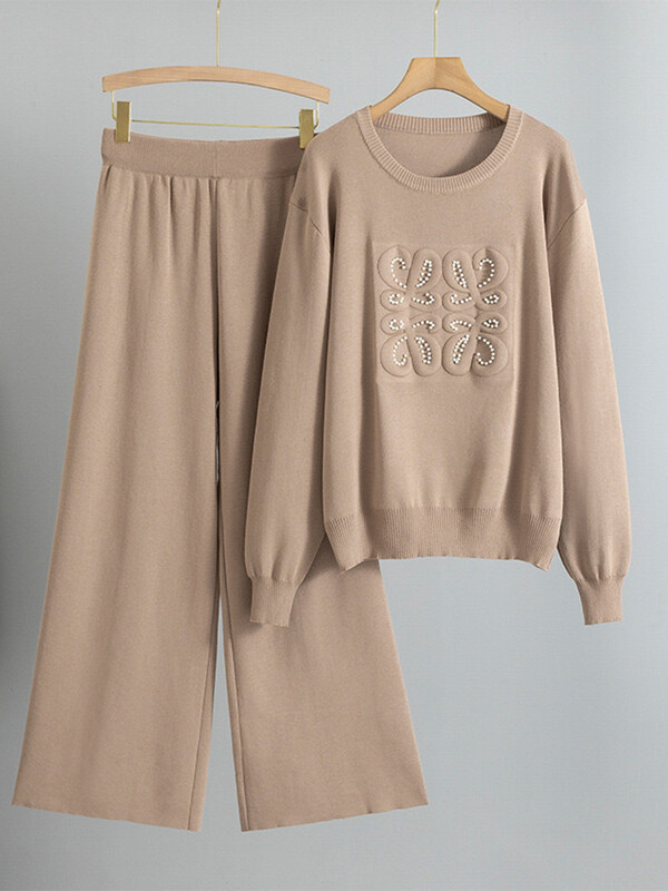 Set de 2 bucăți tricotat pentru femei, ocazional elegant, cu design de perle din Coreea.