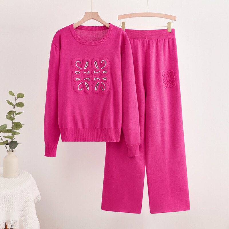 Set de 2 bucăți tricotat pentru femei, ocazional elegant, cu design de perle din Coreea.