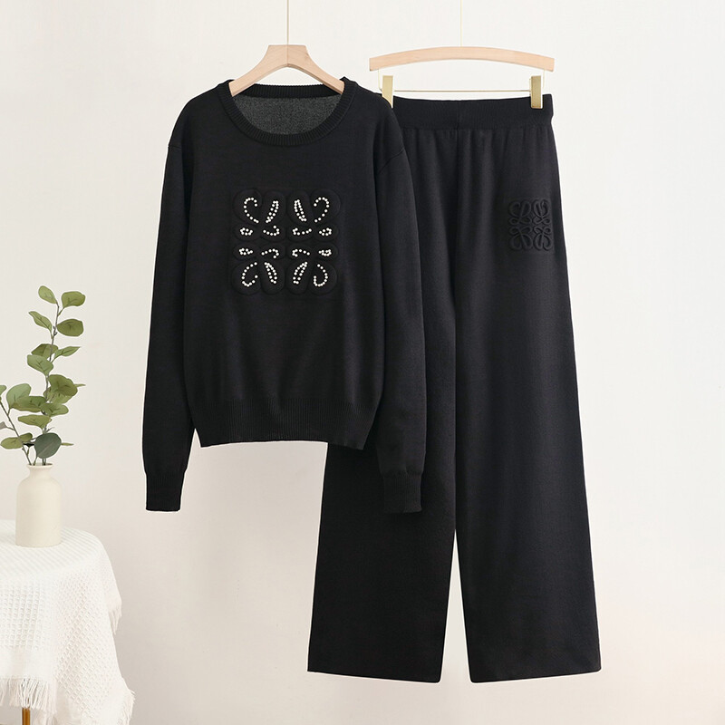 Set de 2 bucăți tricotat pentru femei, ocazional elegant, cu design de perle din Coreea.