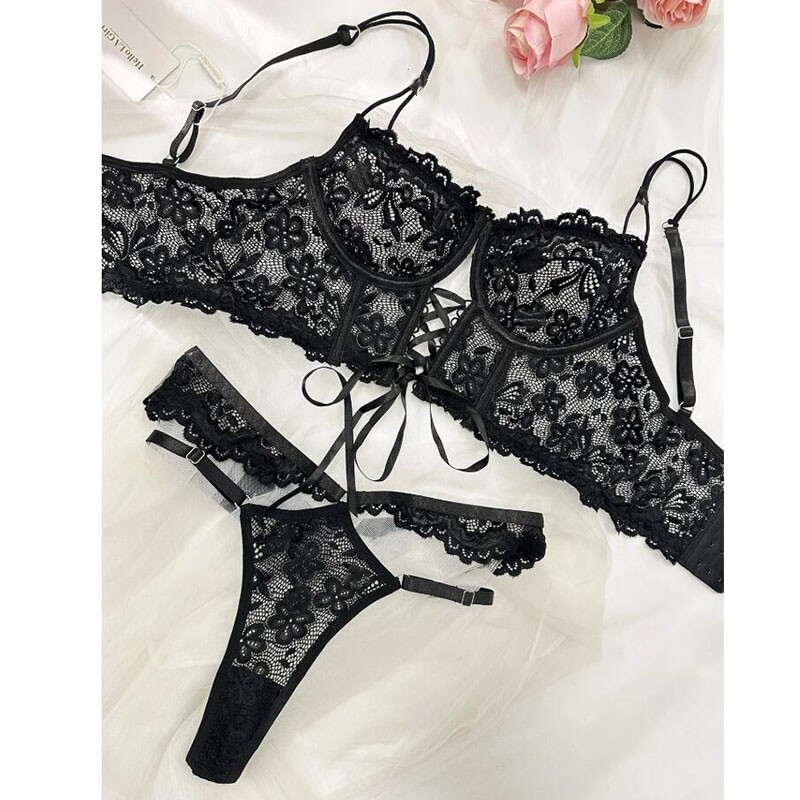 Seturi Sutien Slip Femei Transparent Sexy Lenjerie Romantica Dantela Neagra Lenjerie Intima Flori Sensual See Through Seturi Erotice