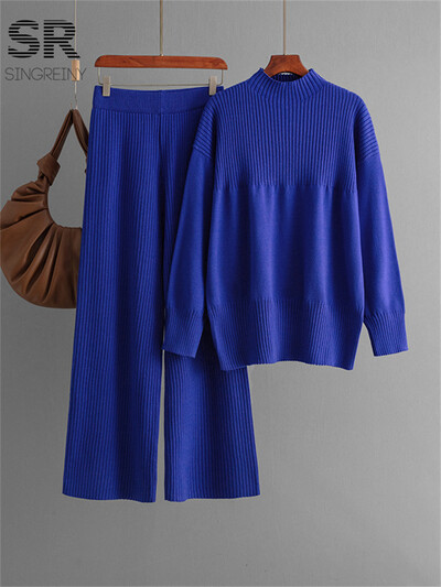 SINGREINY Seturi ocazionale de tricotat, două piese, pentru femei, pulover cu decolteu în formă de O, pantaloni lungi cu dungi, costume de iarnă, solide, două piese