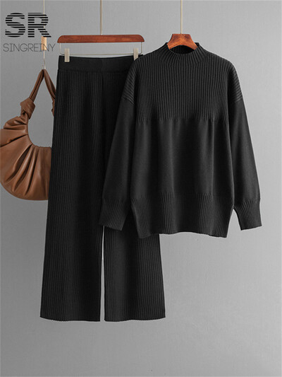 SINGREINY Seturi ocazionale de tricotat, două piese, pentru femei, pulover cu decolteu în formă de O, pantaloni lungi cu dungi, costume de iarnă, solide, două piese