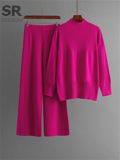 SINGREINY Seturi ocazionale de tricotat, două piese, pentru femei, pulover cu decolteu în formă de O, pantaloni lungi cu dungi, costume de iarnă, solide, două piese