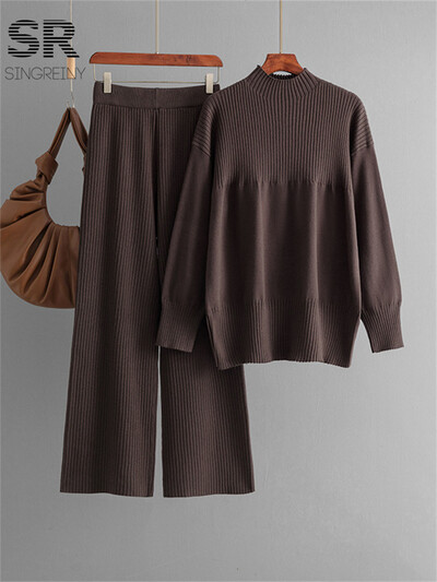 SINGREINY Seturi ocazionale de tricotat, două piese, pentru femei, pulover cu decolteu în formă de O, pantaloni lungi cu dungi, costume de iarnă, solide, două piese