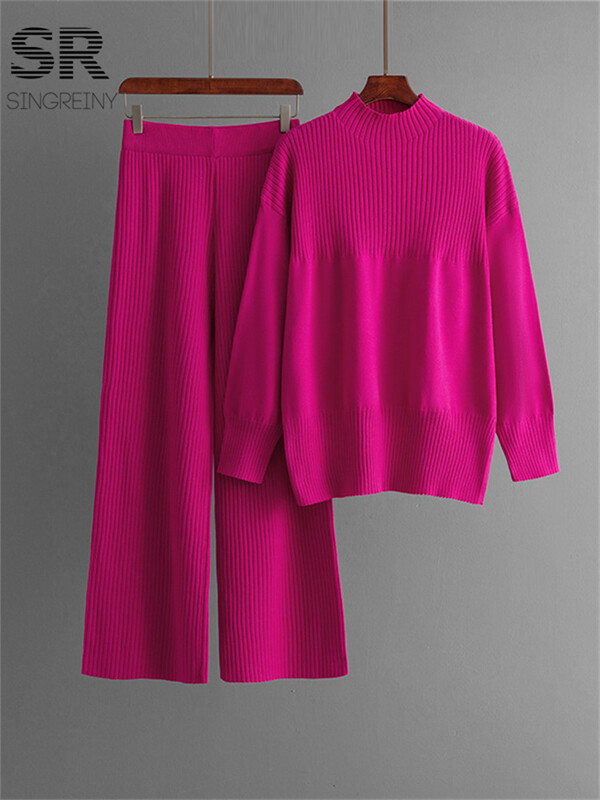 SINGREINY Seturi ocazionale de tricotat, două piese, pentru femei, pulover cu decolteu în formă de O, pantaloni lungi cu dungi, costume de iarnă, solide, două piese