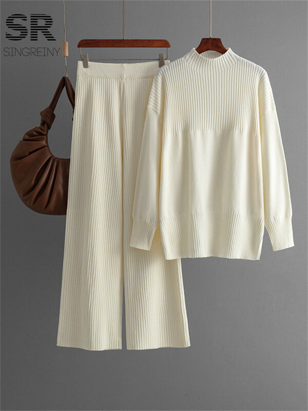 SINGREINY Seturi ocazionale de tricotat, două piese, pentru femei, pulover cu decolteu în formă de O, pantaloni lungi cu dungi, costume de iarnă, solide, două piese