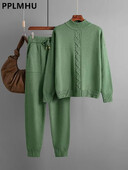 Sügistalvine kampsun, 2-osaline komplekt, naiste vabaaja poolkaelusega kootud pullover Topid Conjuntos kõrge vöökohaga haaremipükste ülikonnad