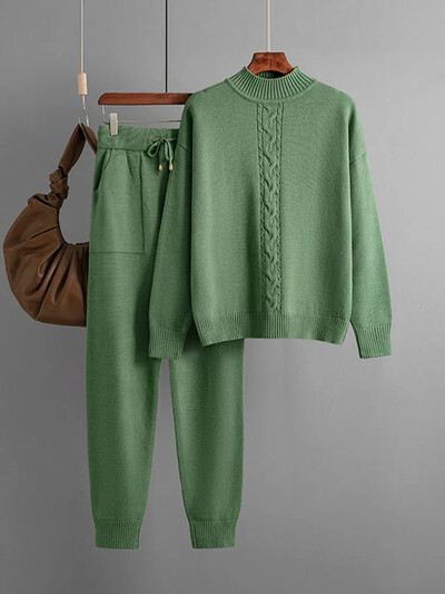 Sügistalvine kampsun, 2-osaline komplekt, naiste vabaaja poolkaelusega kootud pullover Topid Conjuntos kõrge vöökohaga haaremipükste ülikonnad
