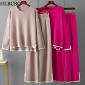 HLBCBG Pleteni ženski komplet hlača Dvodijelni set Zelena zimska labava pletenina dugih rukava Kompleti širokih hlača Ženska ležerna odijela