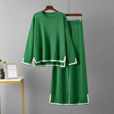 HLBCBG Pleteni ženski komplet hlača Dvodijelni set Zelena zimska labava pletenina dugih rukava Kompleti širokih hlača Ženska ležerna odijela