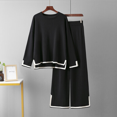 HLBCBG Pleteni ženski komplet hlača Dvodijelni set Zelena zimska labava pletenina dugih rukava Kompleti širokih hlača Ženska ležerna odijela