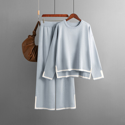 HLBCBG Pleteni ženski komplet hlača Dvodijelni set Zelena zimska labava pletenina dugih rukava Kompleti širokih hlača Ženska ležerna odijela