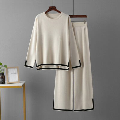 HLBCBG Pleteni ženski komplet hlača Dvodijelni set Zelena zimska labava pletenina dugih rukava Kompleti širokih hlača Ženska ležerna odijela