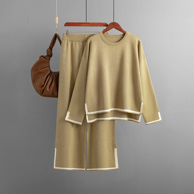 HLBCBG Pleteni ženski komplet hlača Dvodijelni set Zelena zimska labava pletenina dugih rukava Kompleti širokih hlača Ženska ležerna odijela