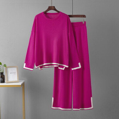 HLBCBG Pleteni ženski komplet hlača Dvodijelni set Zelena zimska labava pletenina dugih rukava Kompleti širokih hlača Ženska ležerna odijela