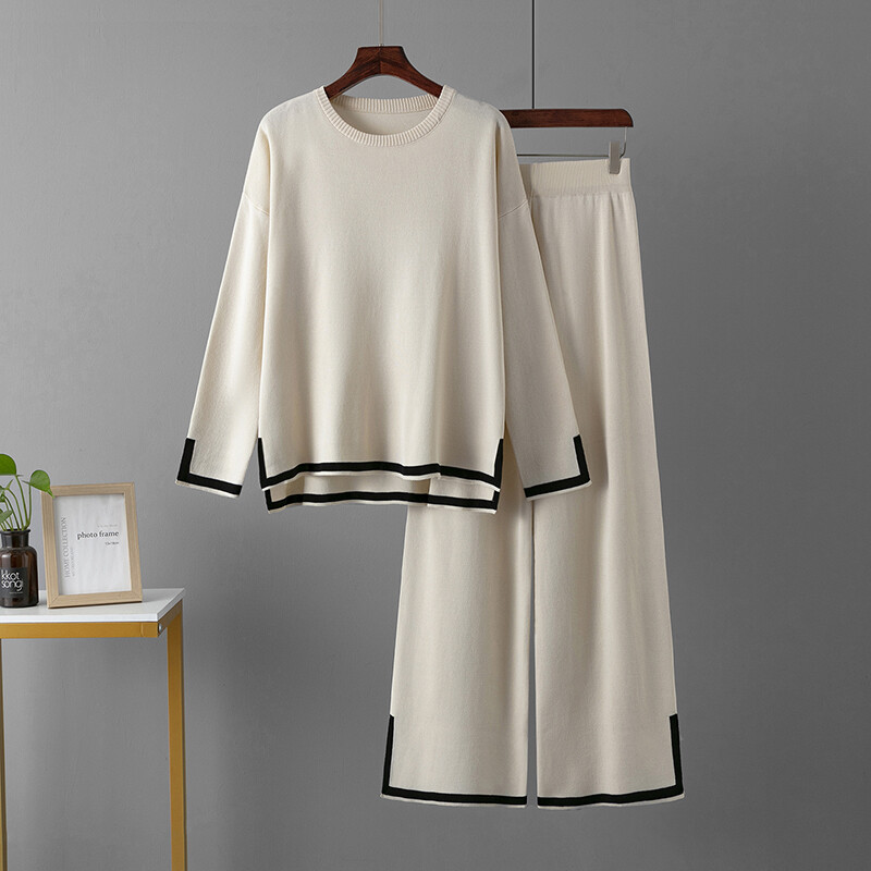 HLBCBG Pleteni ženski komplet hlača Dvodijelni set Zelena zimska labava pletenina dugih rukava Kompleti širokih hlača Ženska ležerna odijela