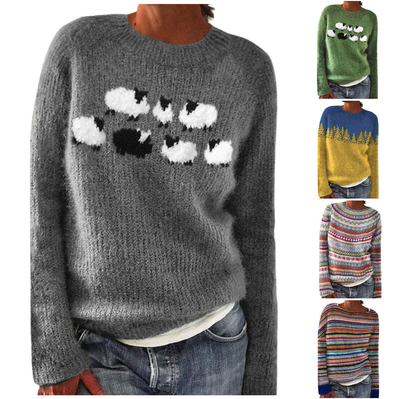 2025. gada modes sieviešu trikotāžas džemperis rudens ziemas apdrukai ar garām piedurknēm, džemperis ar izgriezumu, liela izmēra silts sieviešu tops