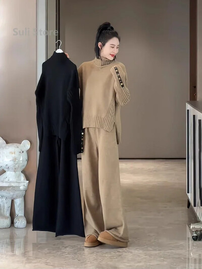 2024 New Fashion Versiune coreeană Gât înalt Pulover tricotat despicat Pantaloni largi, drepti, cu picioare largi, Set din două piese pentru vânt leneș