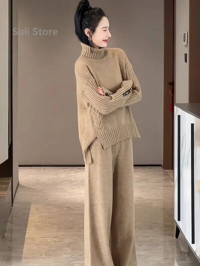 2024 New Fashion Versiune coreeană Gât înalt Pulover tricotat despicat Pantaloni largi, drepti, cu picioare largi, Set din două piese pentru vânt leneș