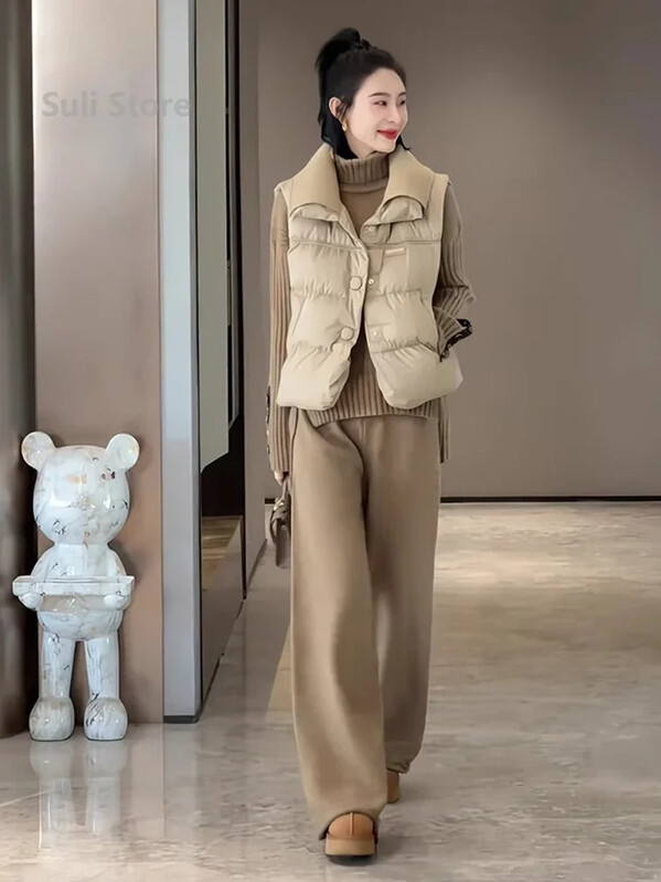 2024 New Fashion Versiune coreeană Gât înalt Pulover tricotat despicat Pantaloni largi, drepti, cu picioare largi, Set din două piese pentru vânt leneș