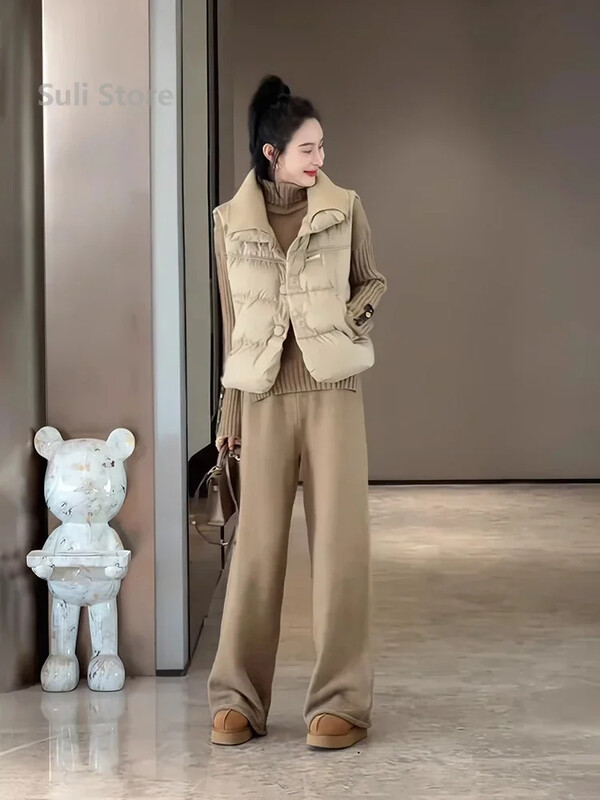 2024 New Fashion Versiune coreeană Gât înalt Pulover tricotat despicat Pantaloni largi, drepti, cu picioare largi, Set din două piese pentru vânt leneș